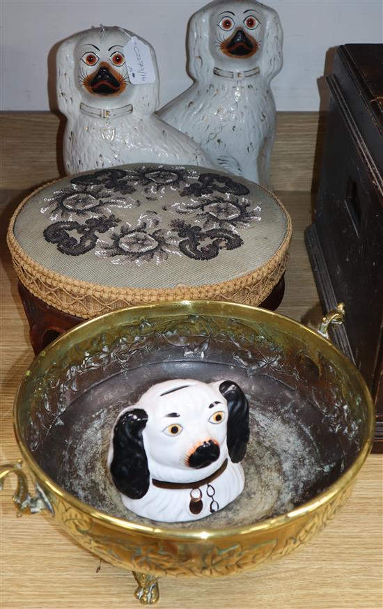 A foot stool, a brass bowl and Staffordshire dogs